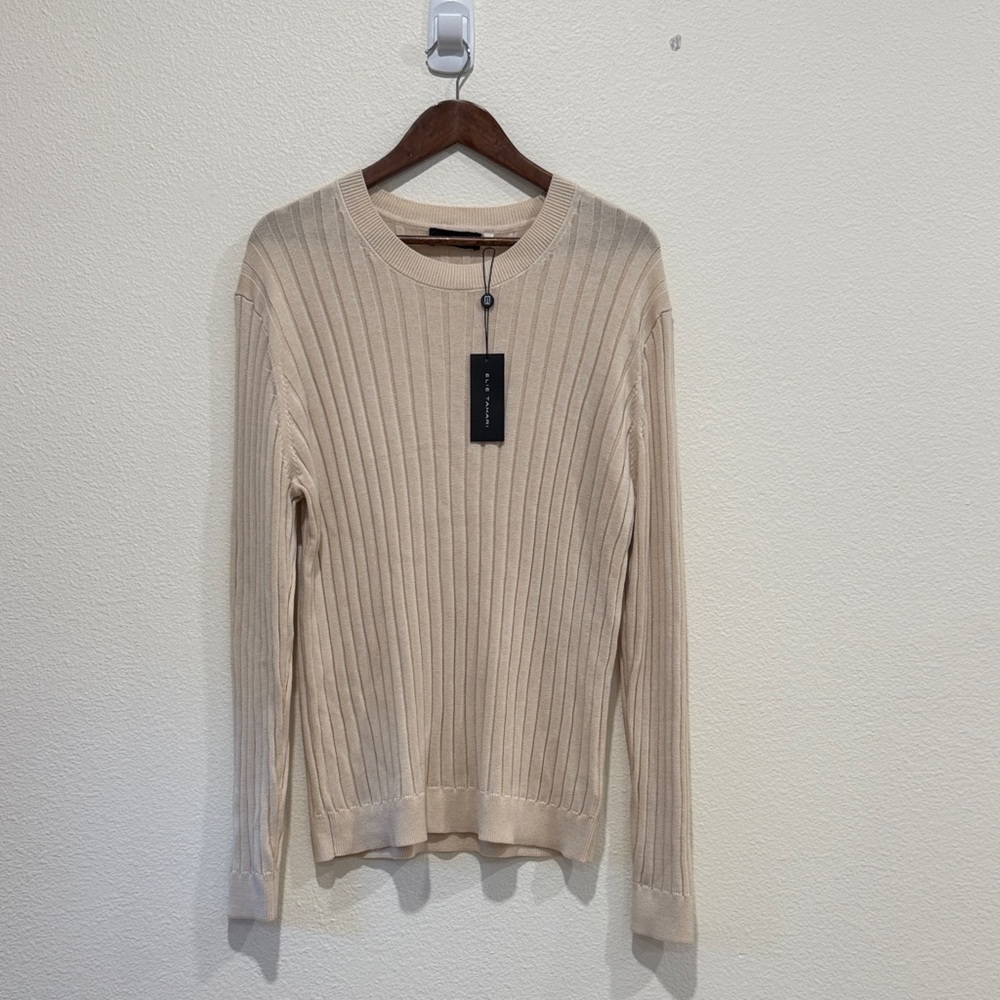 Elie Tahari Cream Ribbed Crewneck Sweater